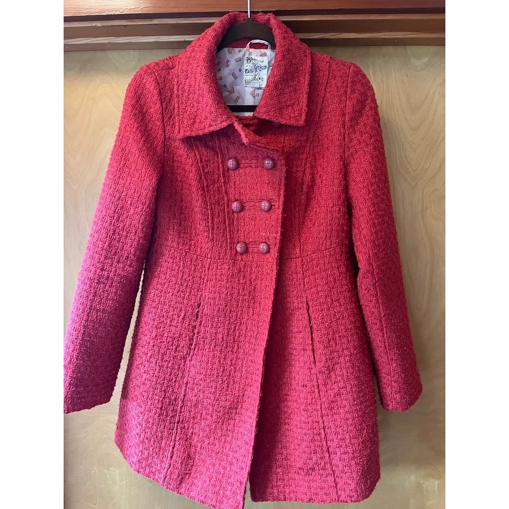 Tulle Boucle Double Breasted Pea Coat M Red Empire Waist Textured Jacket